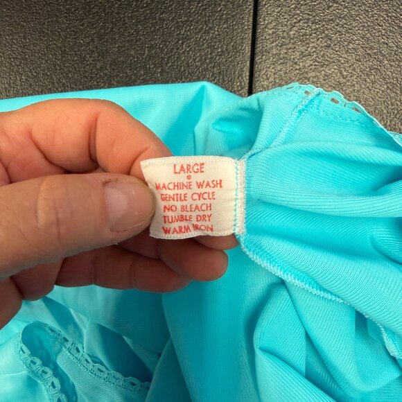 VTG Lorraine Nylon Nightgown LARGE Aqua Blue Sleeveless Long Lace Trim Made USA - Picture 6 of 8